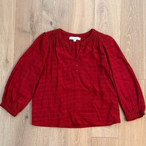 LOFT Deep Red Button-Neck Peasant Blouse